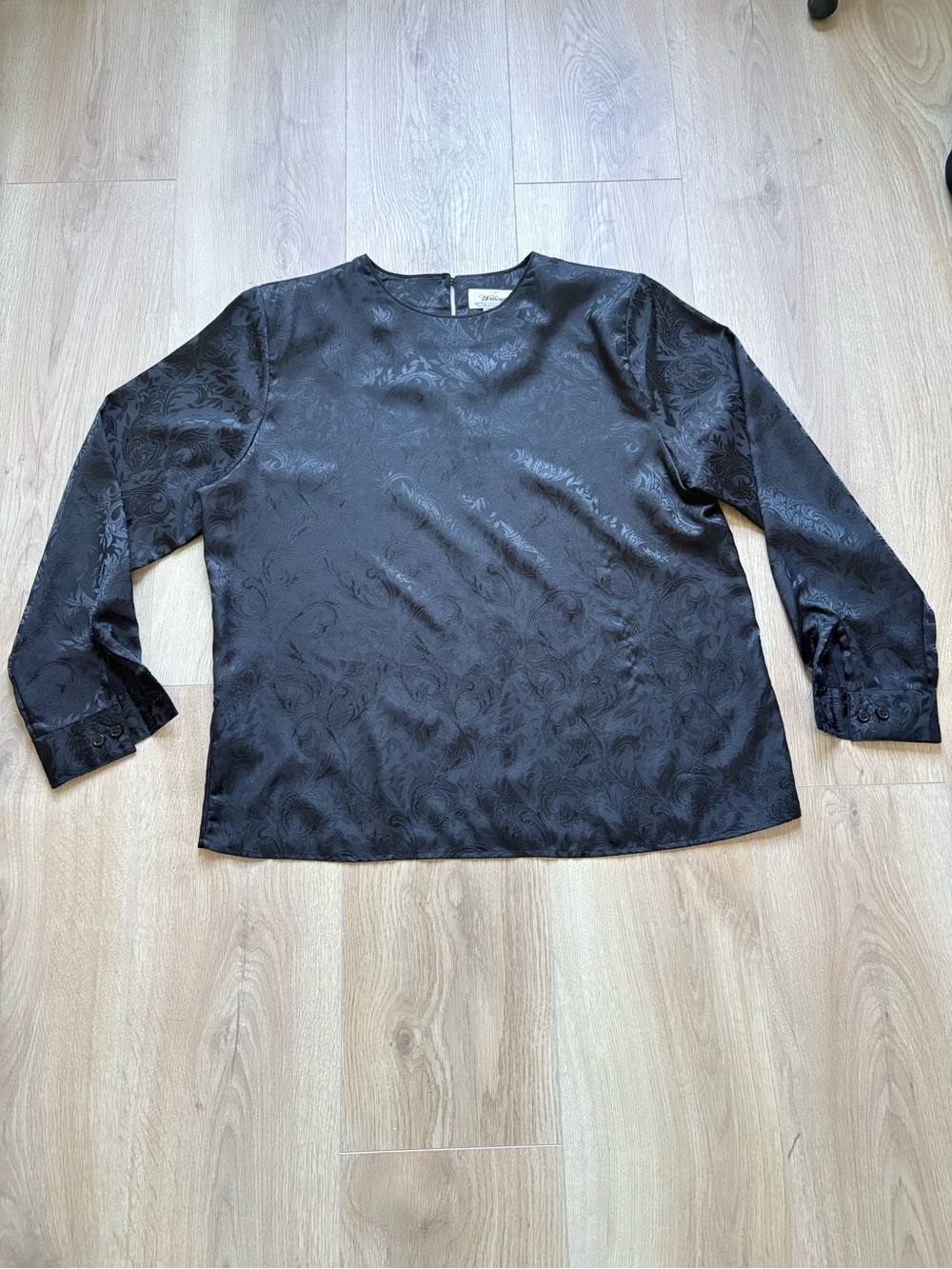 Vintage Worthington Black Satin Jacquard Blouse Petite 14P Damask Shirt